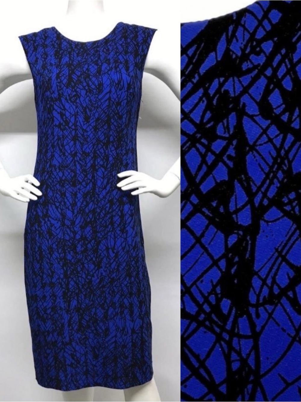 MILLY NY Cobalt Blue Black Stretch Crepe Printed Sheath Dress 8 Retail $435